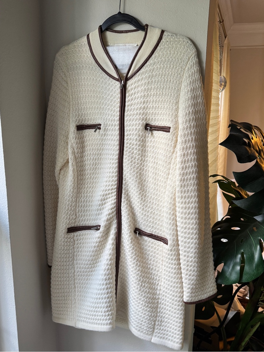 Boston Proper Cream Knit Longline Jacket with Brown Trim